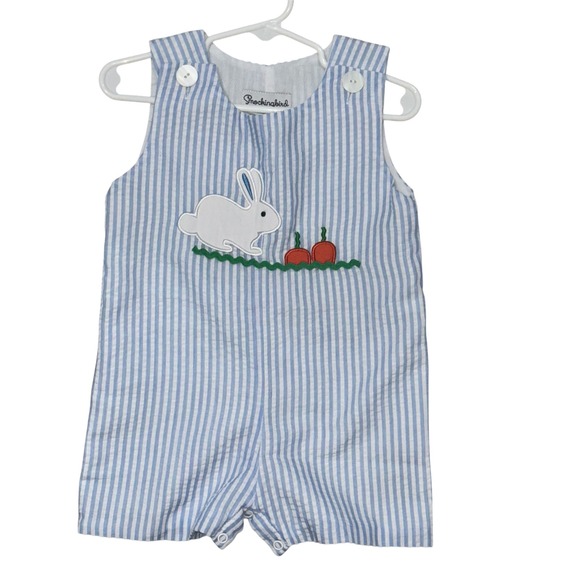 Smockingbird Easter Bunny Seersucker Romper Outfit Blue Striped 12M‎ - Picture 1 of 7